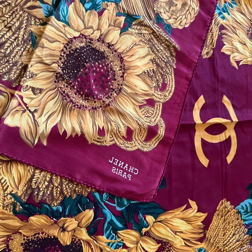 CHANEL Burgundy and Gold Sunflower Silk Scarf - Picture 2 of 3